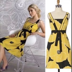 Anthro MOULINETTE SOEURS Silk Brighter Season Sun Dress Yellow Black Tie Waist